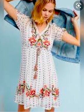 Anthropologie White Mini Dress with Pink and Green Floral Embroidery